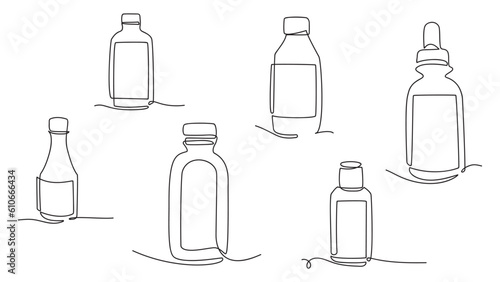 Continuous one single line drawing of bottles set with medicine. Vector illustration