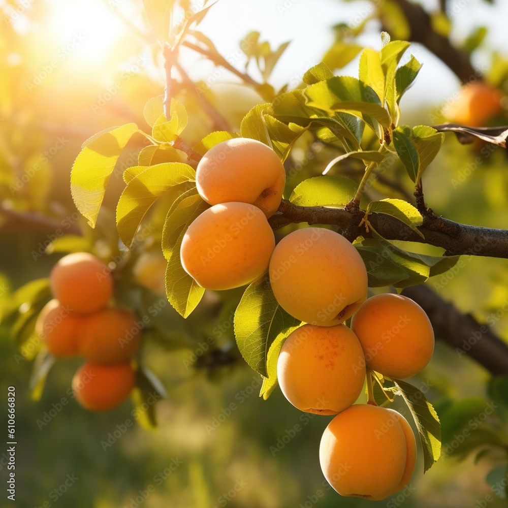 A bunch of ripe apricots on a branch. Generative AI A bunch of ripe apricots on a branch. Generative AI