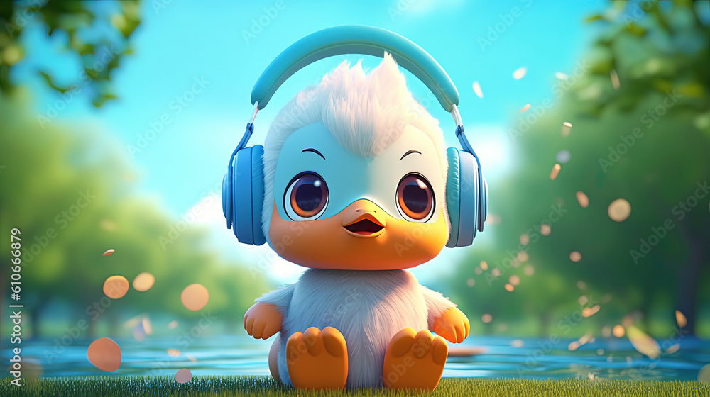 Cute duck character listening to music