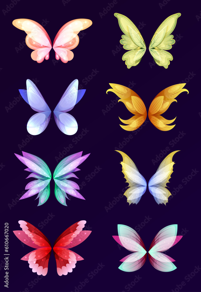 Obraz premium Fabulous creatures wings set. Different wings of fairy set. Vector cartoon set of wings pairs of magic and fantasy characters and animals isolated on white background