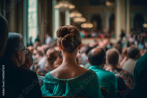 Girls in classic clothes in beautiful dresses with gentlemen are sitting on the seats in the hall in the theater watching the performance on stage. Generative AI. photo