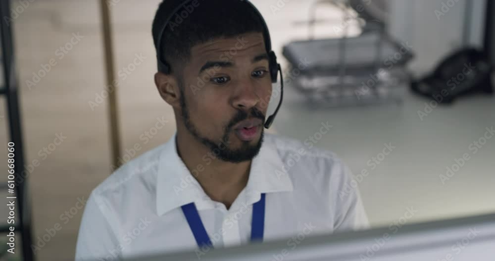 African man, call center and office in night with customer service, advice and communication at help desk. Agent, crm and consulting with chat, technical support and headset microphone for contact us African man, call center and office in night with customer service, advice and communication at help desk. Agent, crm and consulting with chat, technical support and headset microphone for contact us