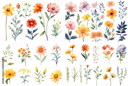 Watercolor flowers on a white background without shadows for illustration.