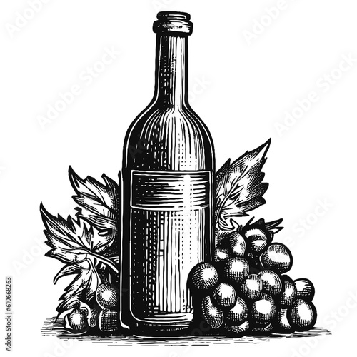 wine bottle and grapes vector vintage sketch