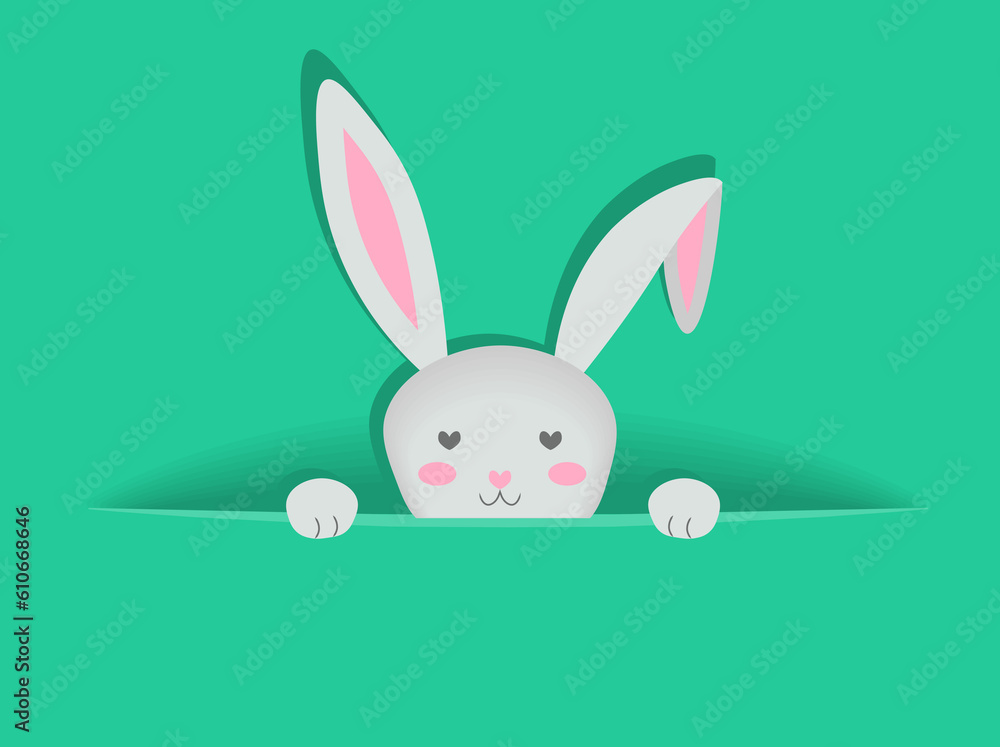 Fototapeta premium Hiding out rabbit head sticks out of hole on empty turquoise background