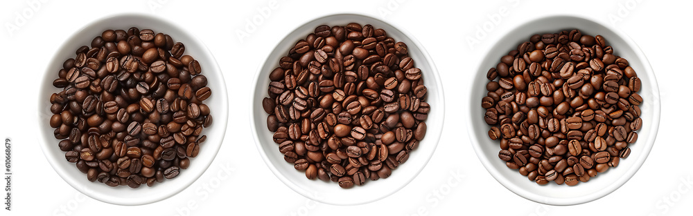 Coffee beans on white bowl, aerial view with transparent background, Generative AI Technology Coffee beans on white bowl, aerial view with transparent background, Generative AI Technology