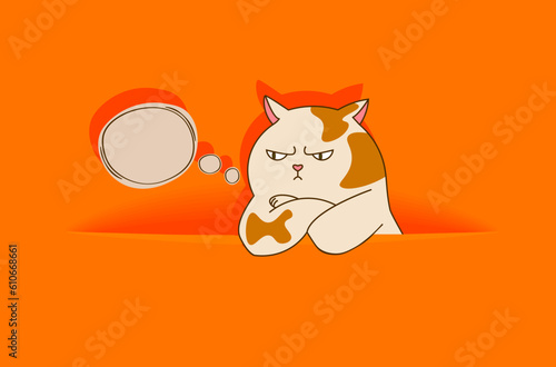 Hiding out spotty angry cat head sticks out of hole and empty quote bubble on orange background