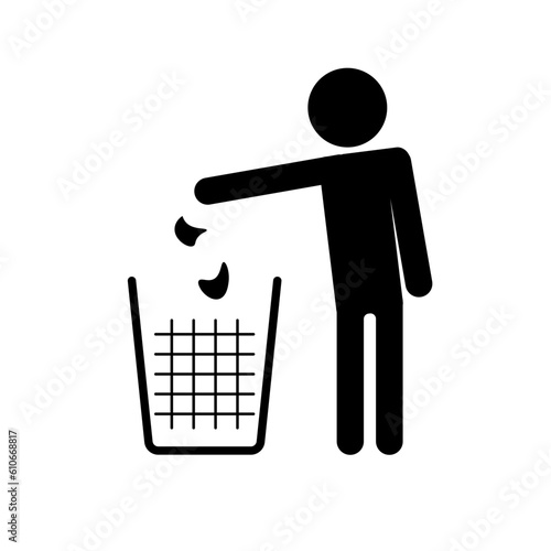 Isolated illustration black icon of man throw trash on waste contrainer, graphic template for keep clean, do not litter, littering gree environment eco sign