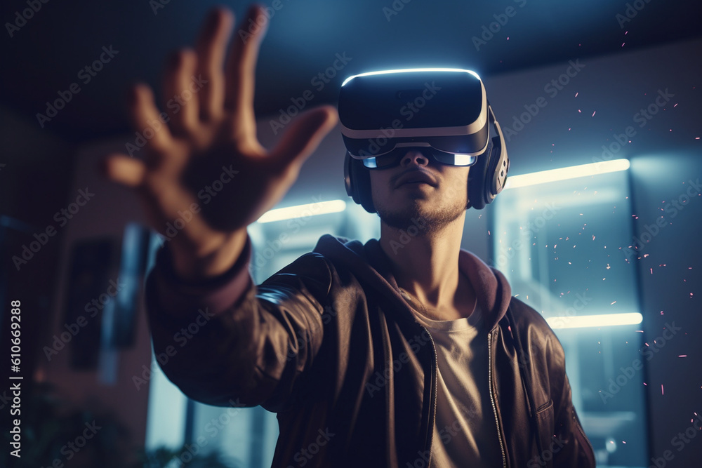 A gamer wearing gaming glasses, high-fiving a virtual character on the screen Generative AI A gamer wearing gaming glasses, high-fiving a virtual character on the screen Generative AI