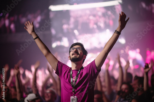 A gamer surrounded by a crowd of cheering virtual fans  holding up their hands in celebration Generative AI