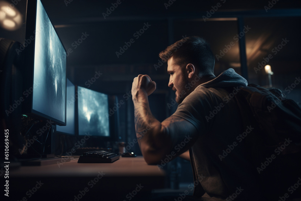 A professional gamer sitting in front of a computer screen, pumping their fists in triumph Generative AI