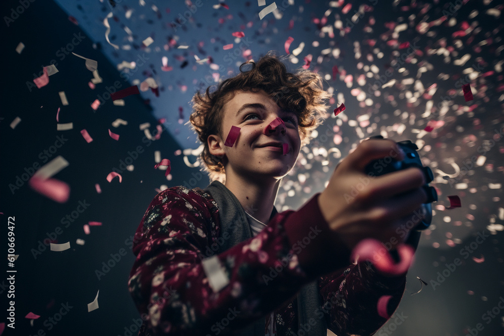 A gamer triumphantly raising their controller in the air, surrounded by confetti Generative AI A gamer triumphantly raising their controller in the air, surrounded by confetti Generative AI