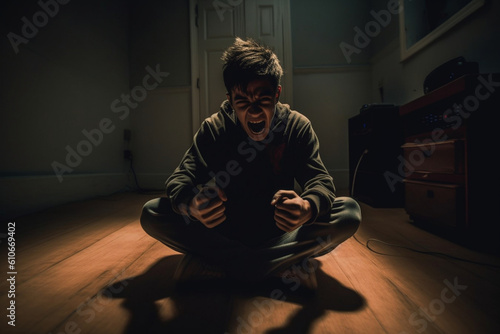 A gamer sitting cross-legged on the floor, pumping their fists in a moment of victory Generative AI