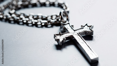 Closeup of Silver Christian Cross Symbol Pendant / Necklace Jewelry. A Good Luck Charm. With Licensed Generative AI Technology Assistance. © Michael_G