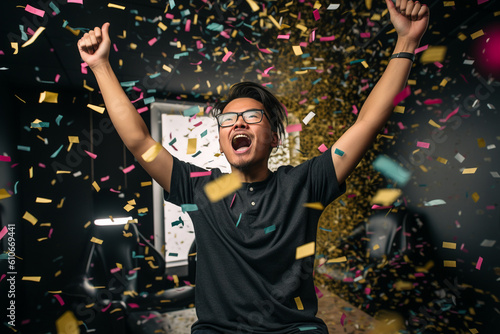 A gamer triumphantly raising their controller in the air, surrounded by confetti Generative AI