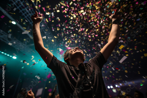 A gamer triumphantly raising their controller in the air, surrounded by confetti Generative AI