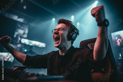 A close-up of a professional gamer's ecstatic expression as they raise their arms in victory Generative AI