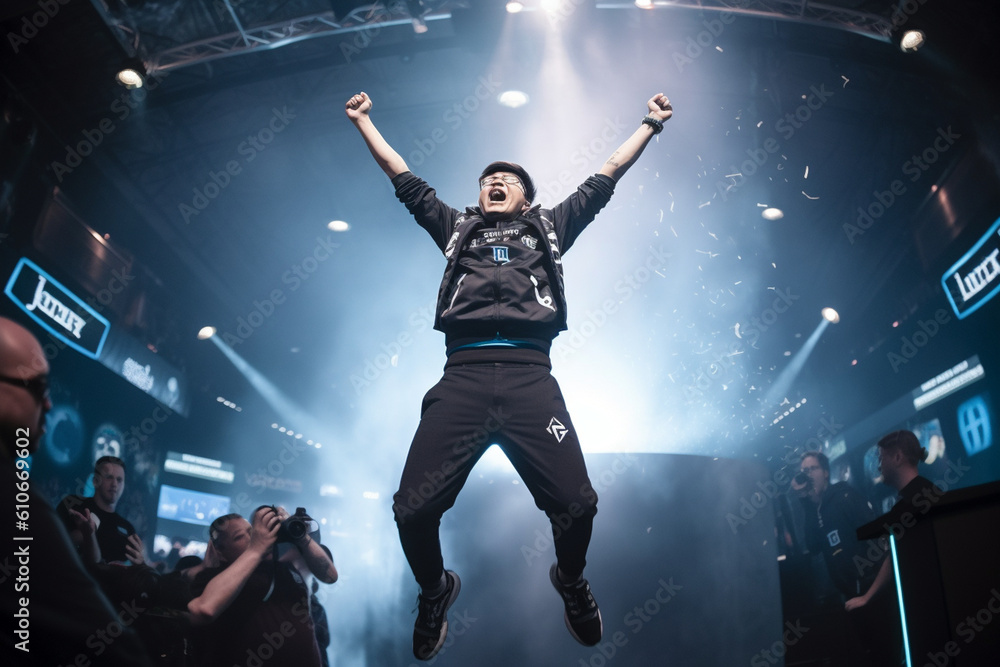A professional gamer in mid-air, captured during a celebratory jump after a hard-fought win Generative AI A professional gamer in mid-air, captured during a celebratory jump after a hard-fought win Generative AI