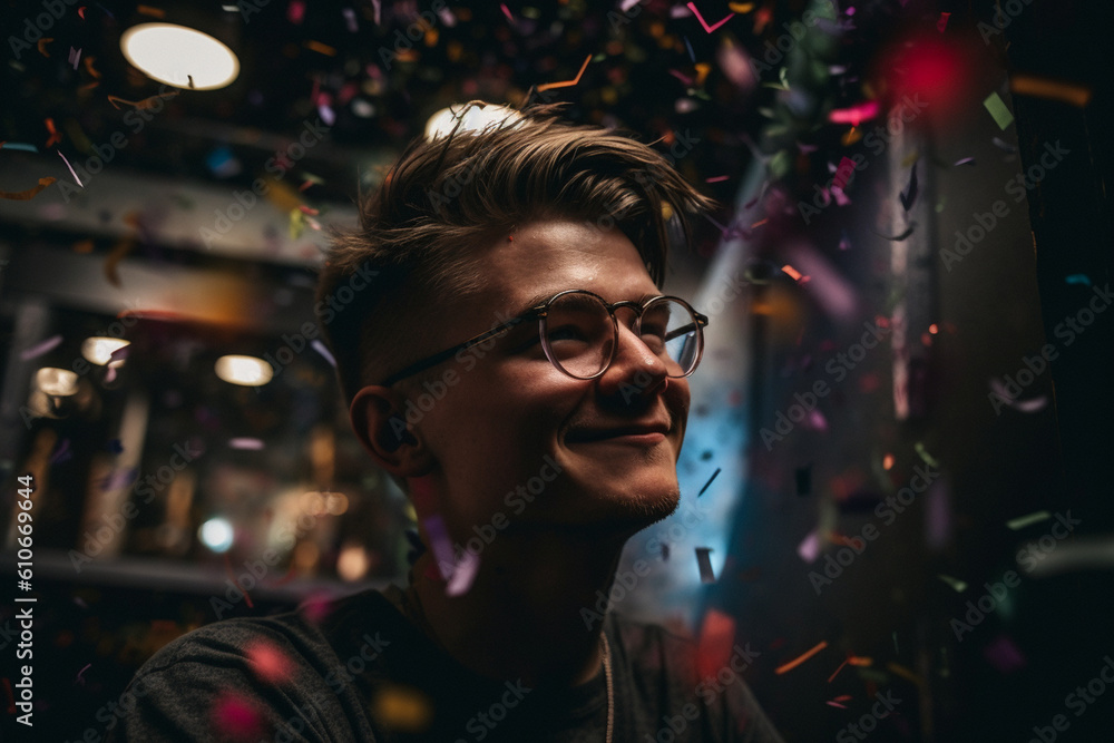 A portrait capturing the exhilaration on a professional gamer's face as they spray celebratory confetti all around Generative AI A portrait capturing the exhilaration on a professional gamer's face as they spray celebratory confetti all around Generative AI