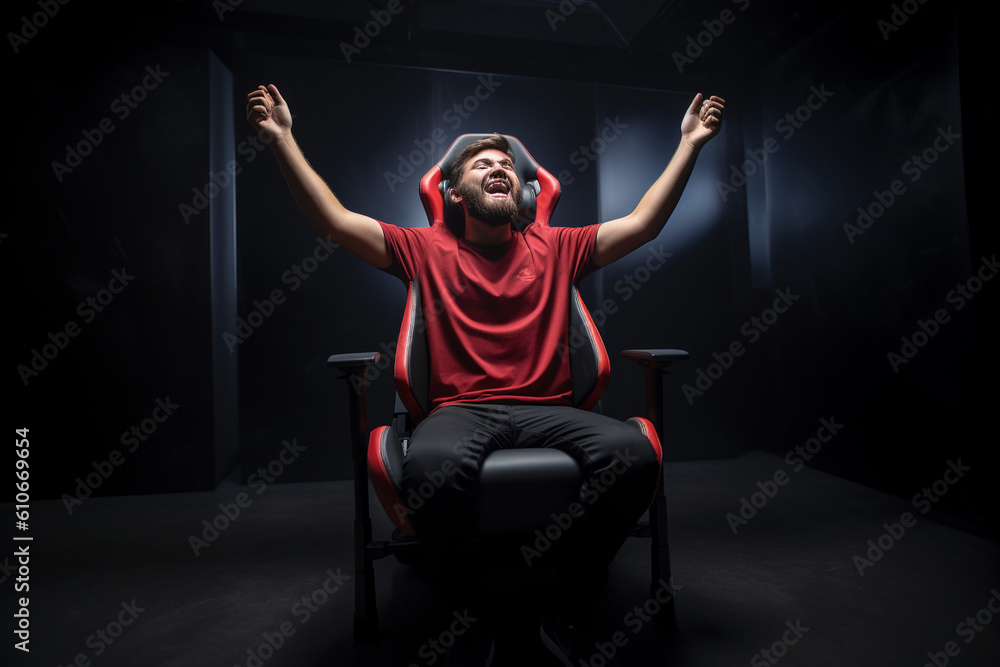 A professional gamer sitting in their gaming chair, with their hands raised triumphantly, celebrating their victory Generative AI