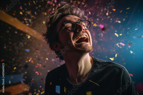 A portrait capturing the exhilaration on a professional gamer's face as they spray celebratory confetti all around Generative AI © Denis Yevtekhov