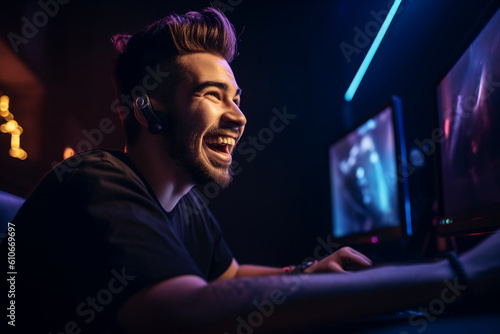 A close-up of a professional gamer's beaming face, bathed in the glow of their monitor displaying a victorious moment Generative AI