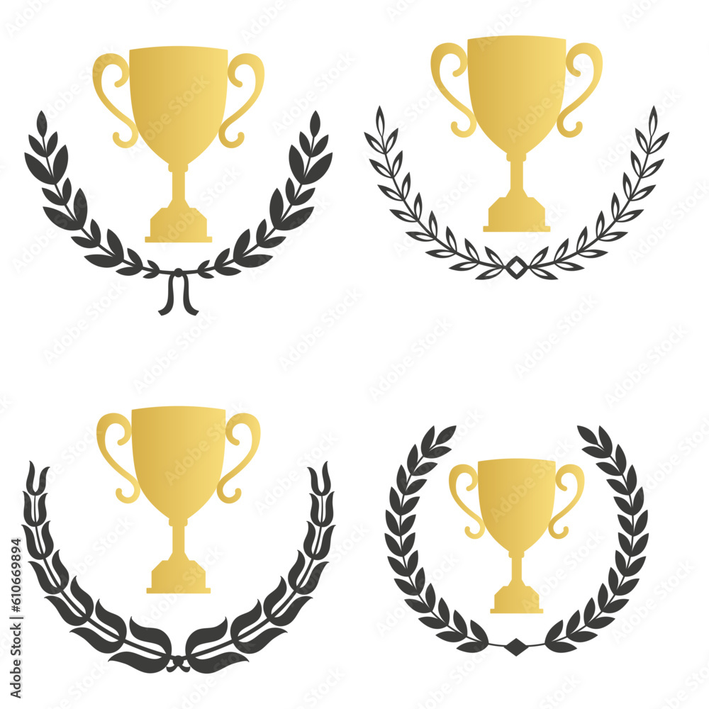 Gold laurel legend, winner award set vector illustration. Golden branch of olive leaves or stars of victory symbol, badge emblem decoration design, triumphant honor award isolated on white Gold laurel legend, winner award set vector illustration. Golden branch of olive leaves or stars of victory symbol, badge emblem decoration design, triumphant honor award isolated on white