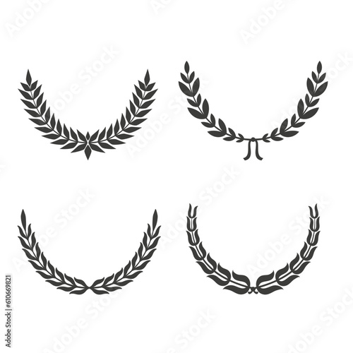 Gold laurel legend, winner award set vector illustration. Golden branch of olive leaves or stars of victory symbol, badge emblem decoration design, triumphant honor award isolated on white