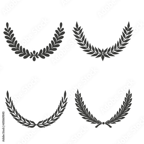 Gold laurel legend, winner award set vector illustration. Golden branch of olive leaves or stars of victory symbol, badge emblem decoration design, triumphant honor award isolated on white