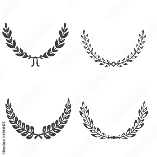 Gold laurel legend, winner award set vector illustration. Golden branch of olive leaves or stars of victory symbol, badge emblem decoration design, triumphant honor award isolated on white