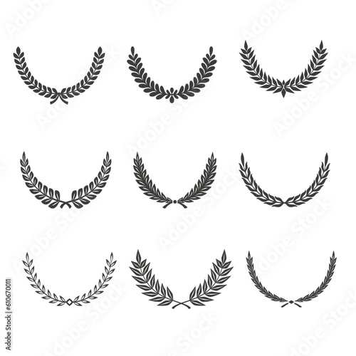 Gold laurel legend, winner award set vector illustration. Golden branch of olive leaves or stars of victory symbol, badge emblem decoration design, triumphant honor award isolated on white