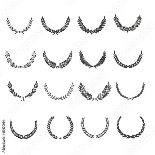 Gold laurel legend, winner award set vector illustration. Golden branch of olive leaves or stars of victory symbol, badge emblem decoration design, triumphant honor award isolated on white