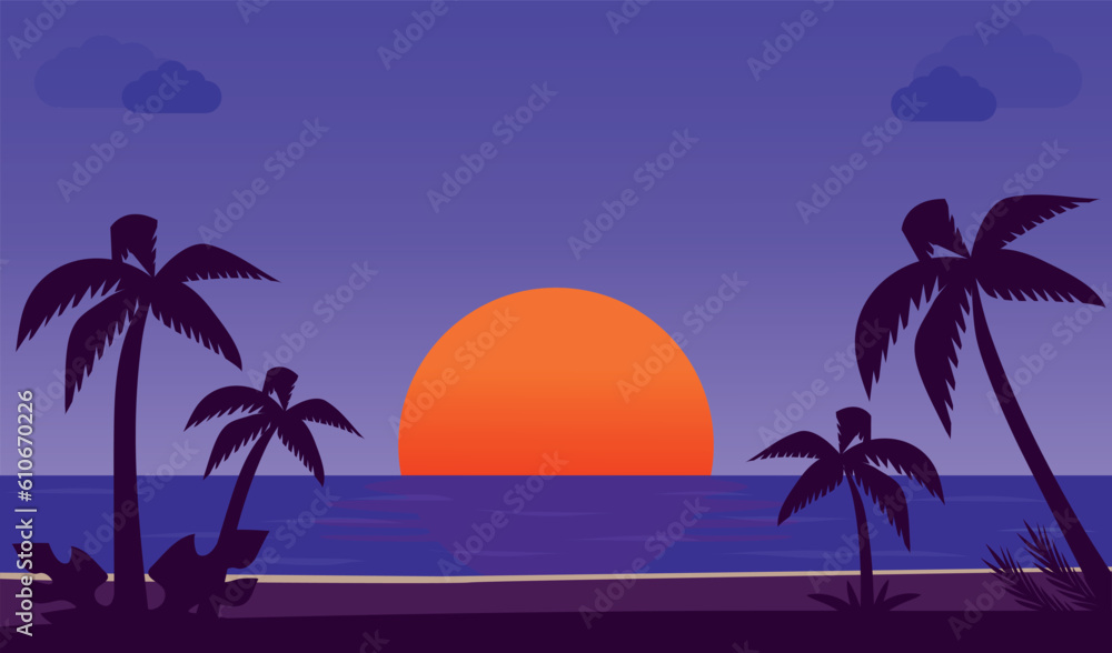 Naklejka premium Sunset summer tropical beach with palm, trees and sea. Vector illustration.