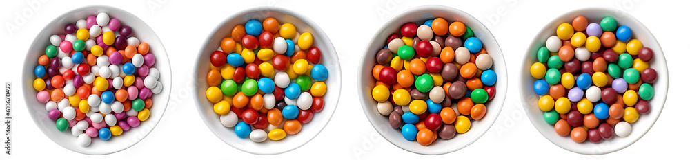 Colorful chocolate candy pills in bowl, aerial view with transparent background, Generative AI Technology Colorful chocolate candy pills in bowl, aerial view with transparent background, Generative AI Technology