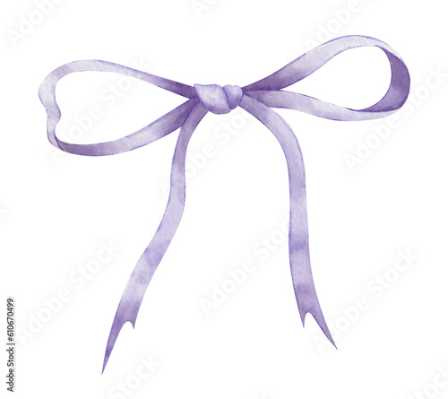 Watercolor purple Ribbon with Bow. Hand drawn illustration of satin or silk knot on white isolated background for gift or present. Drawing of ornate textile violet tape for anniversary celebration.
