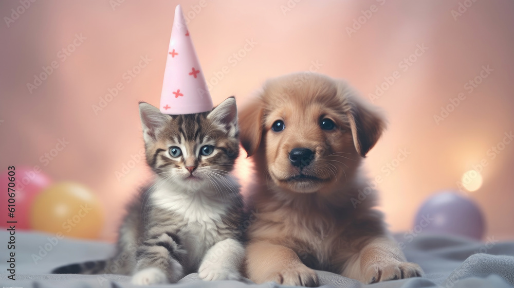 Happy dog wearing hat and kitten, birthday concept.. AI generated.
