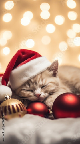Cute kitty sleeping in santa hat on bed. Bokeh background. 