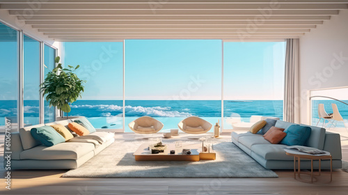 3D render  Modern Interior Ocean Concept  Embracing the Timeless Elegance and Tranquility of Aesthetics  Creating a Harmonious Fusion of Indoor and Outdoor Spaces