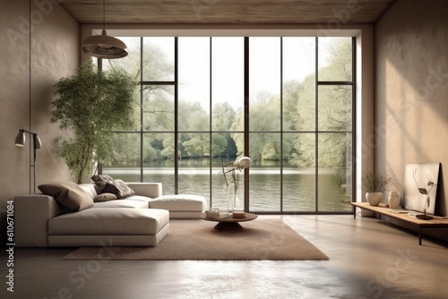 large glass window showing big window onto water on living room Generative AI