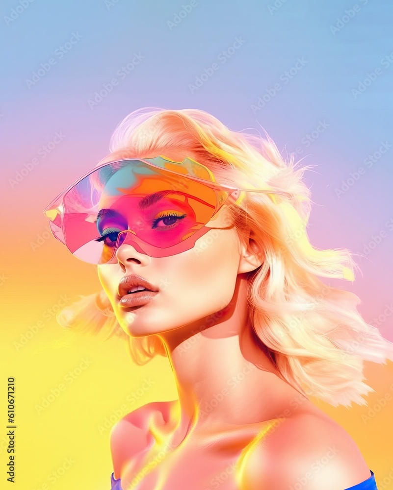 Beautiful blonde woman female girl model with futuristic hat posing on the beach with blue sky background. Summer time vacaion relax mode. LA pastel neon colorful lgbt 60s. Generated AI.. Beautiful blonde woman female girl model with futuristic hat posing on the beach with blue sky background. Summer time vacaion relax mode. LA pastel neon colorful lgbt 60s. Generated AI..