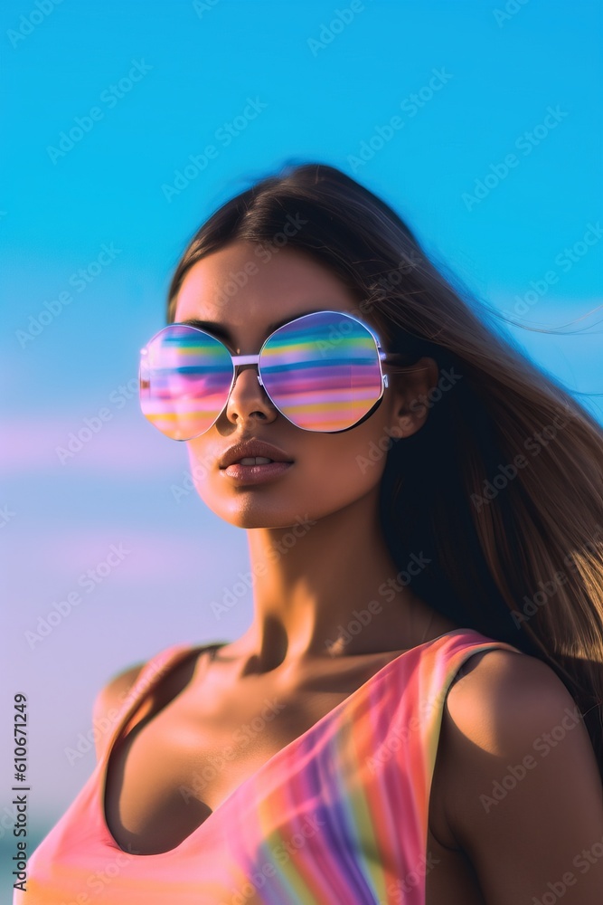 Beautiful brunette woman female girl model with futuristic hat posing on the beach with blue sky background. Summer time vacaion relax mode. Rainbow lgbt gay. LA pastel 60s. Generated AI.. Beautiful brunette woman female girl model with futuristic hat posing on the beach with blue sky background. Summer time vacaion relax mode. Rainbow lgbt gay. LA pastel 60s. Generated AI..