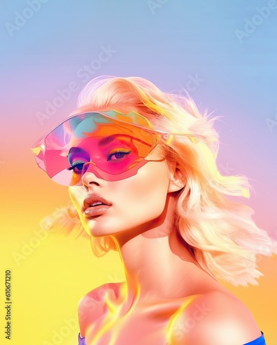 Beautiful blonde woman female girl model with futuristic hat posing on the beach with blue sky background. Summer time vacaion relax mode. LA pastel neon colorful lgbt 60s. Generated AI..