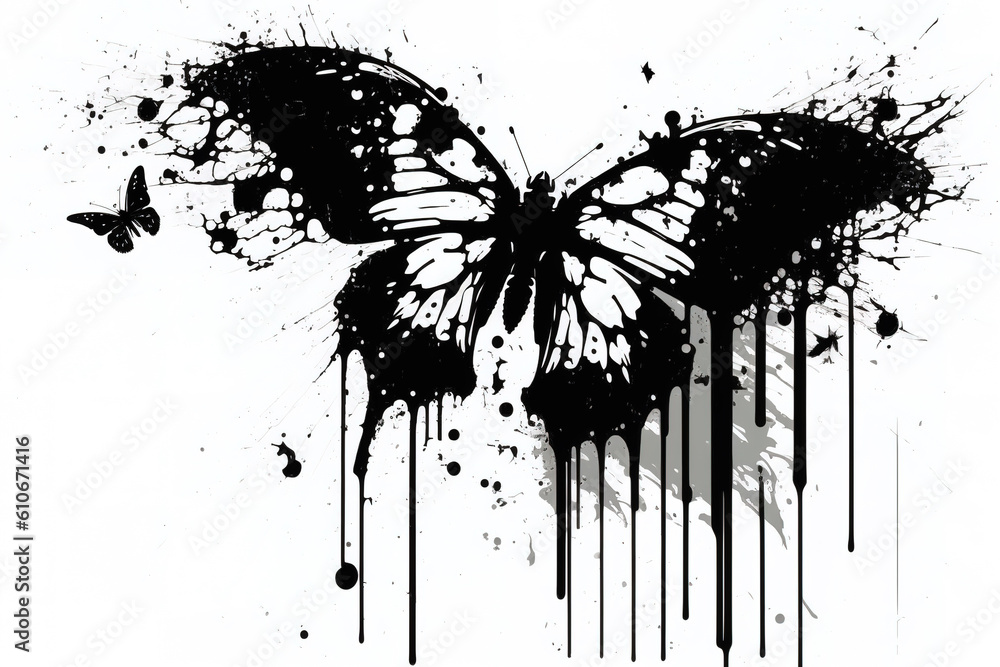 Image painting of a butterfly drawing using a brush and black ink on white background. Insect. Illustration, Generative AI. Image painting of a butterfly drawing using a brush and black ink on white background. Insect. Illustration, Generative AI.