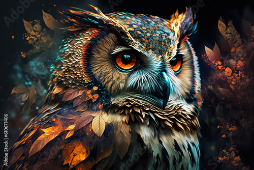 Image of colorful owl on dark background. Wildlife Animals. Bird. Illustration. Generative AI. photo