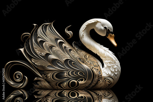 Fototapeta Naklejka Na Ścianę i Meble -  The white swan statue is made of shiny silver material on a dark background. Wildlife animals. Illustration. Generative AI.