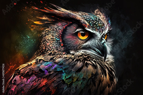 Image of colorful owl on dark background. Wildlife Animals. Bird. Illustration. Generative AI. photo