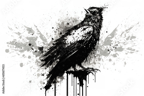 Painting of an owl drawing using a brush and black ink on white background. Birds. Wildlife animals. Illustration. Generative AI.