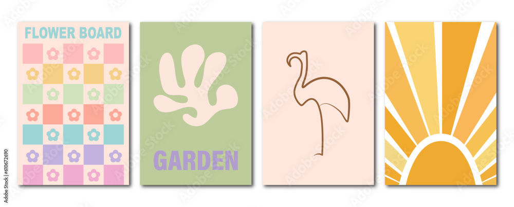 Vector illustration. Trendy y2k style posters with stylish lettering, checkerboard with flowers, flamingo, sun and leaves. Modern minimalist print. Perfect as a background pattern, textile design.