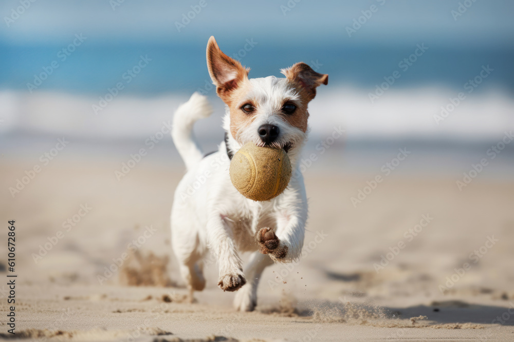 Fototapeta premium Jack Russell Terrier puppy runs along the beach and catches the ball. Photorealistic illustration generative AI.