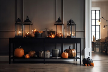 Lanterns and pumpkins on a console table in a modern interior. Halloween decor. Photorealistic illustration generative AI.